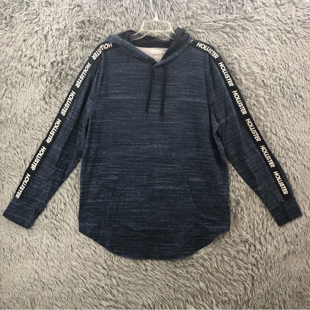Hollister Hoodie Mens XL Spellout Sleeves Blue Heathered Lightweight Pullover